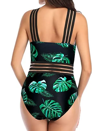 Unique Crisscross Mesh Straps Sexy One Piece Swimsuits-Black And Green Leaf