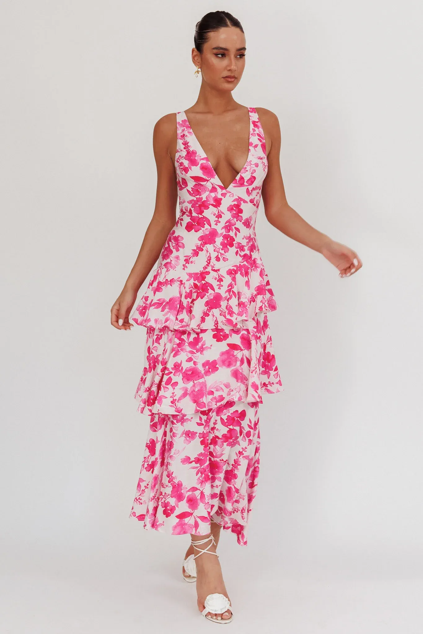 Veda Strappy Back Ruffle Maxi Dress Floral Fuchsia