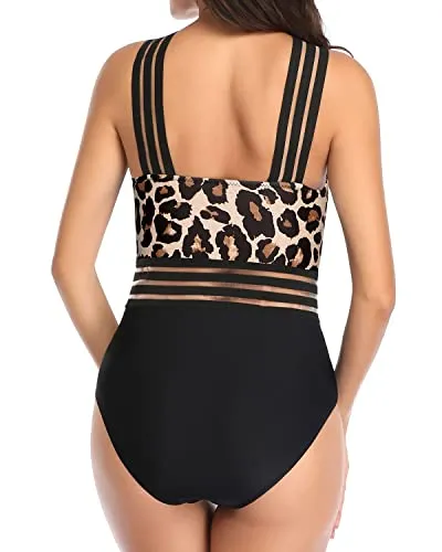 Vibrant Color One Piece Front Crossover Swimwear-Black And Leopard