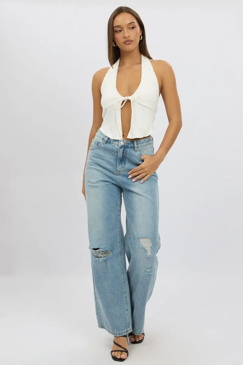 White Halter Neck Top Rib