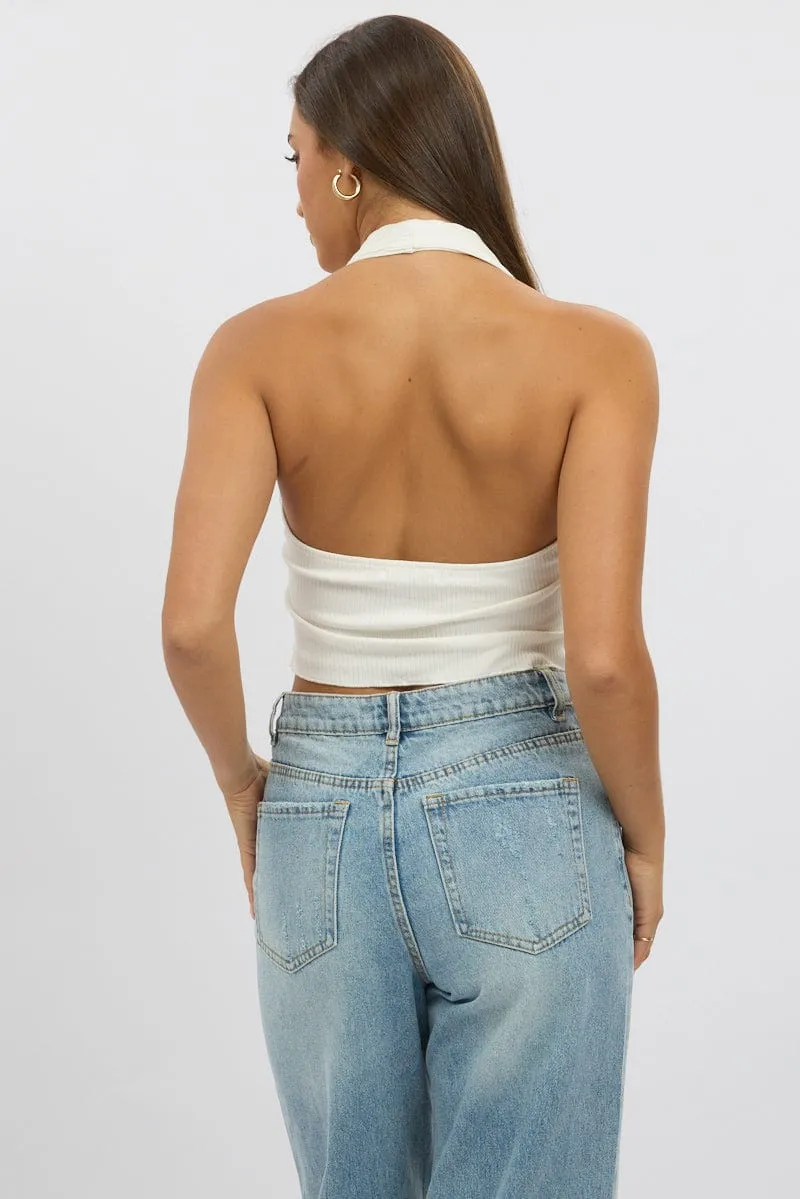 White Halter Neck Top Rib