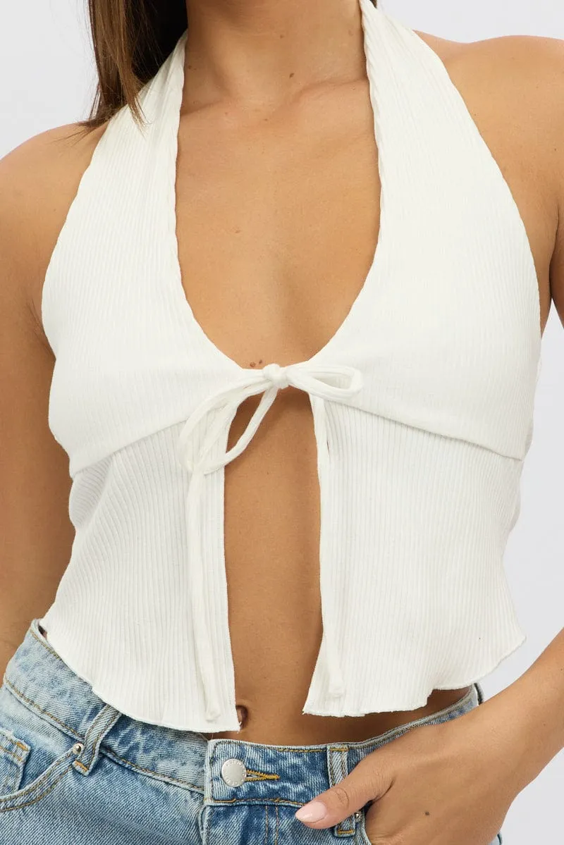White Halter Neck Top Rib