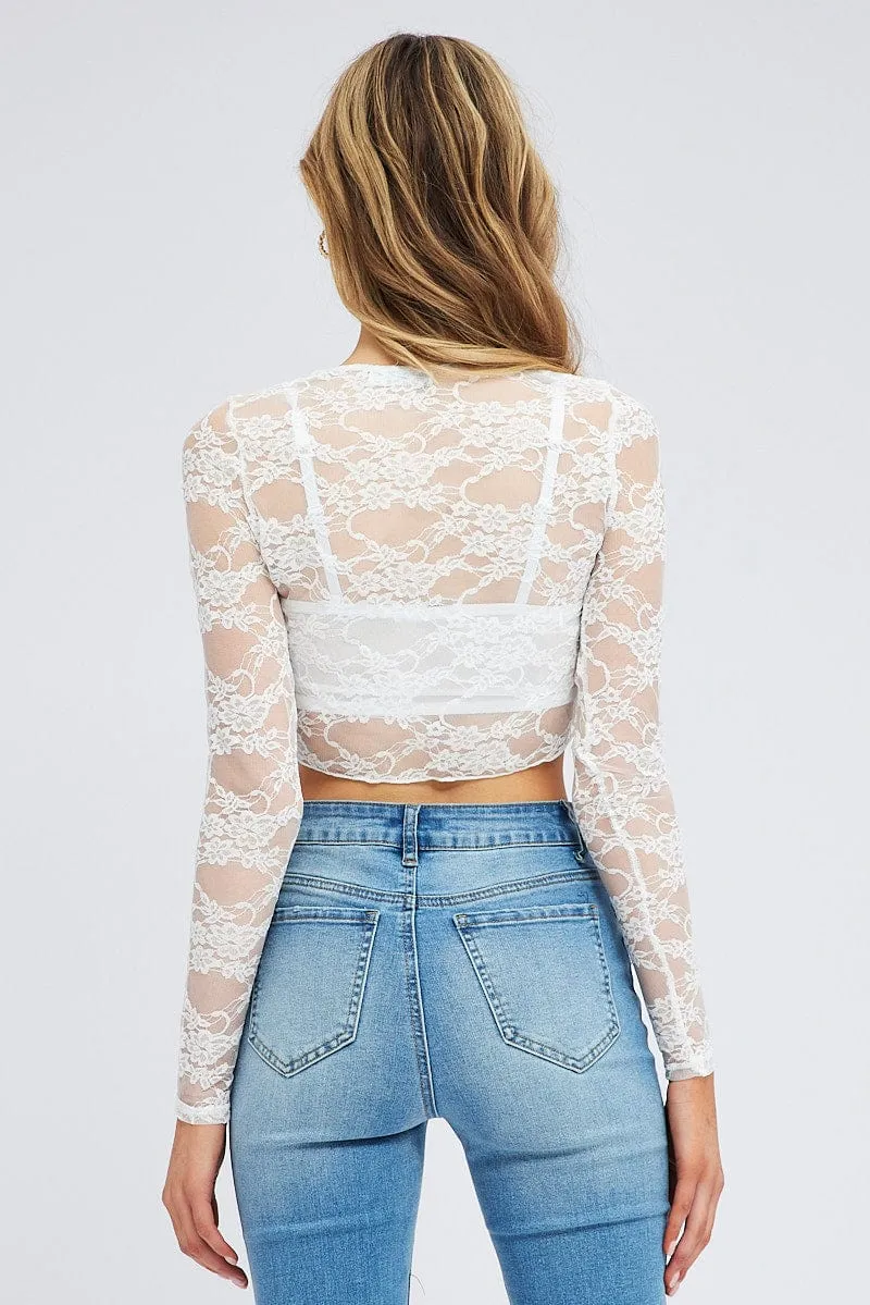 White Lace Top Sheer Long Sleeve Crop