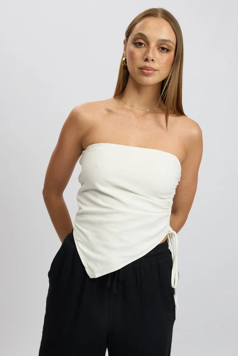 White Tube Top Side Ruched Linen Blend