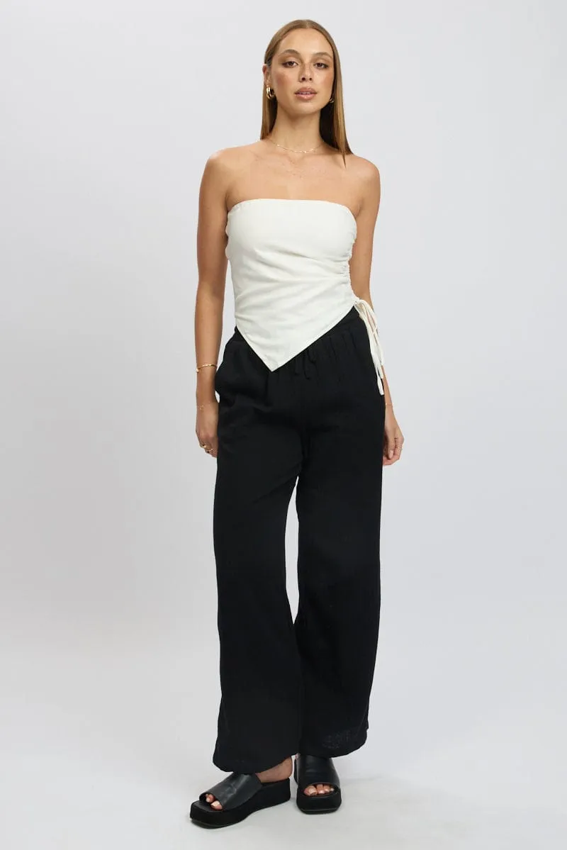 White Tube Top Side Ruched Linen Blend