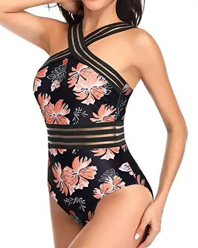 Women Sexy Crisscross One Piece Front Crossover Swimwear-Black Orange Floral