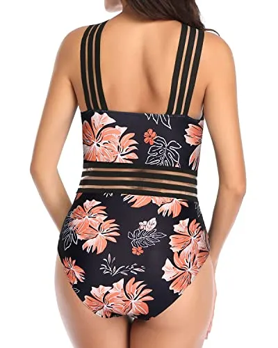 Women Sexy Crisscross One Piece Front Crossover Swimwear-Black Orange Floral