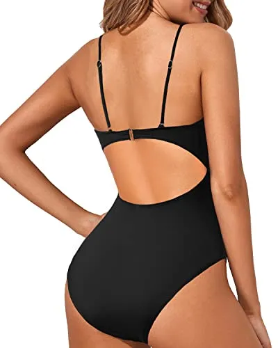 Women's Cutout Lace Up Strappy One Piece Swimsuit-Black