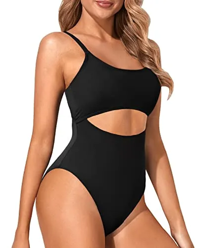 Women's Cutout Lace Up Strappy One Piece Swimsuit-Black