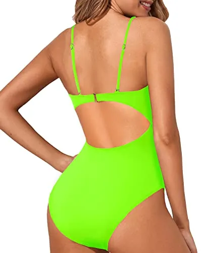 Women's Cutout Scoop Neck High Cut One Piece Swimsuit-Neon Green