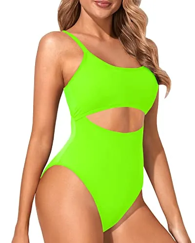 Women's Cutout Scoop Neck High Cut One Piece Swimsuit-Neon Green