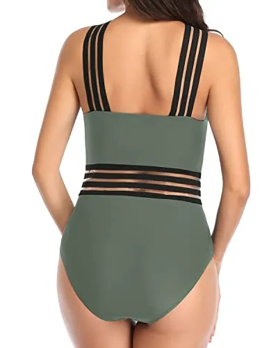 Women's Mesh Straps Crisscross One Piece Swimsuit-Army Green
