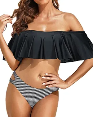 Women's Off Shoulder Ruffle Bikini Set Cheeky Hipster Bottoms-Black Stripe