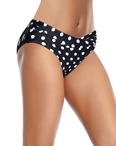 Women's Ruched V Cut Swimsuit Bottoms-Black Dot