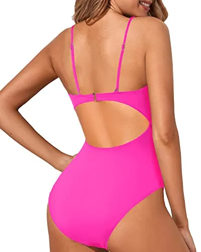 Women's Sexy Lace Up Cutout Strappy One Piece Swimsuit-Neon Pink