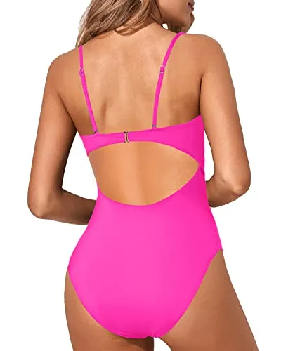 Women's Sexy Lace Up Cutout Strappy One Piece Swimsuit-Neon Pink
